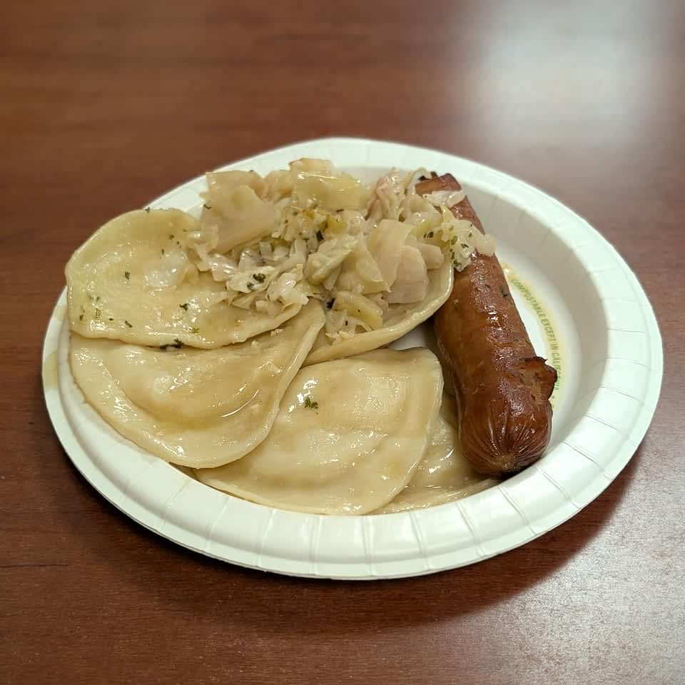 kielbasa, pierogies, cabbage